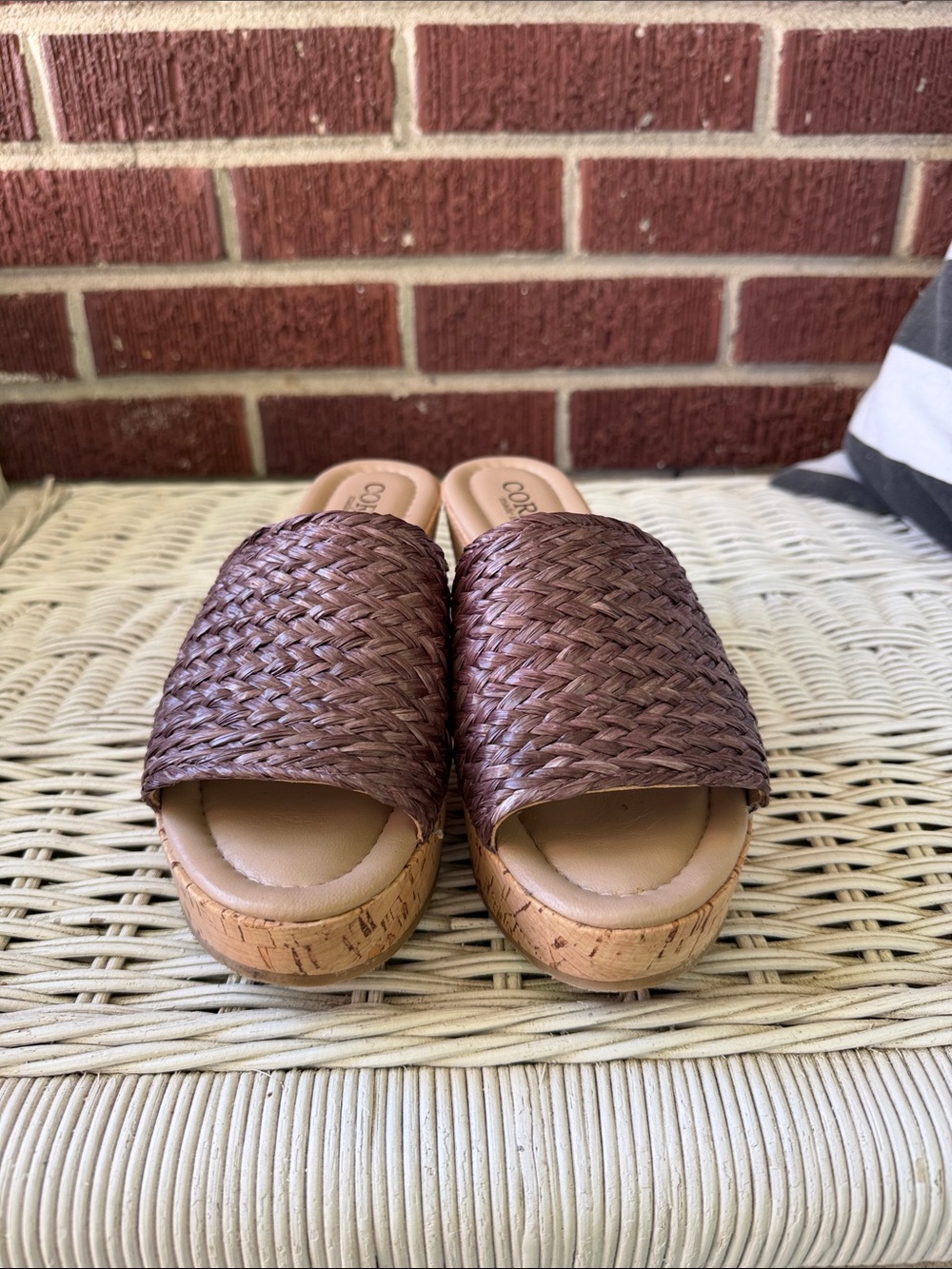 Cordani Chocolate Brown Woven Cork Wedge Slides - Picture 4 of 6